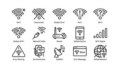 Wi-fi icons: connectivity, error, network, router, signal, devices, global, indicator