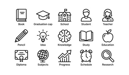 Fototapeta premium Education icons: book, graduation cap, student, teacher, learning tools