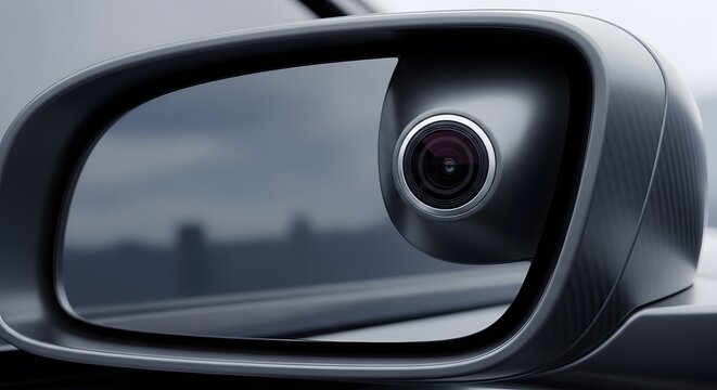 Automotive side mirror with integrated camera, technology and car safety , modern corporate concept, texture background, copy space