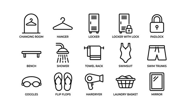 Changing room essentials: locker, shower, swimsuit, towel, padlock icons