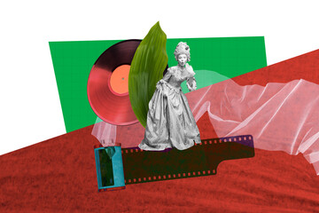 Exclusive art banner collage of shocked duchess girl stand retro tape vinyl disk music occasion...