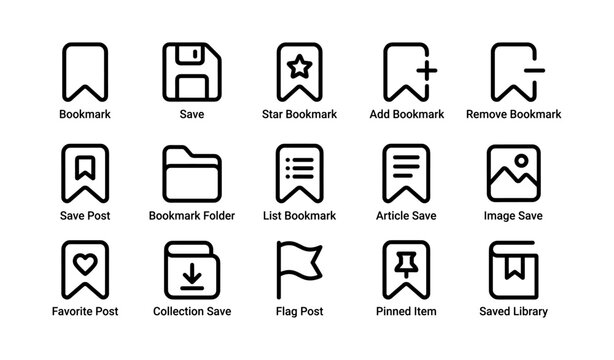 Minimalist icon set for bookmarking and saving features