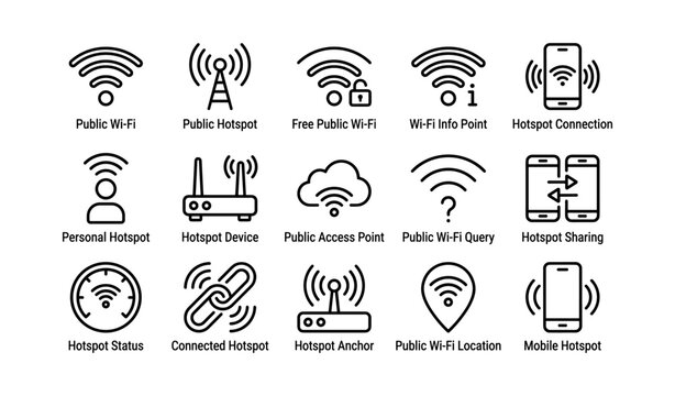 Public wi-fi and mobile hotspot icons featuring connection and access points