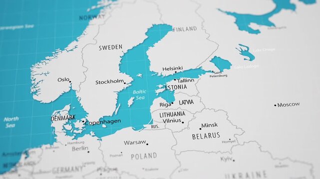 Smooth camera flyover across Northern and Eastern Europe on a detailed political world map, focusing on the Baltic Sea region. Sweden, Finland, Denmark, Estonia, Latvia, Lithuania and surrounding coun