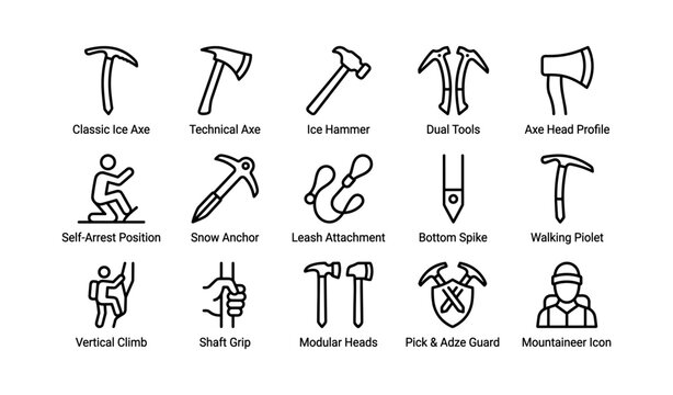 Line art icons of ice climbing equipment and techniques in black and white