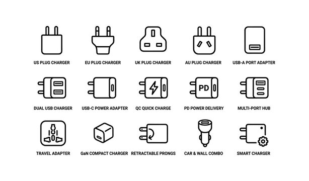 Set of international plug and charger icon collection for multiple adapters