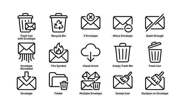 Set of trash and envelope icons including recycle bins and cloud arrow