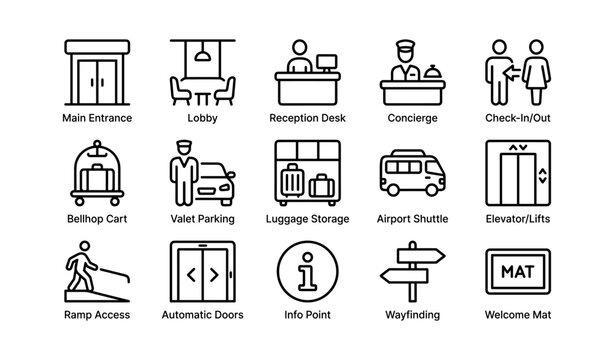 Hotel icons set featuring services and facilities related to hospitality and guest experience