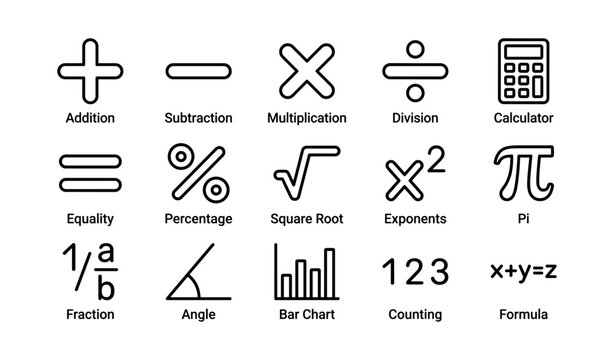 Math symbols and operations icons set featuring various calculations