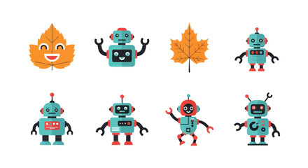 Fototapeta premium Cartoon robots and autumn leaves illustration