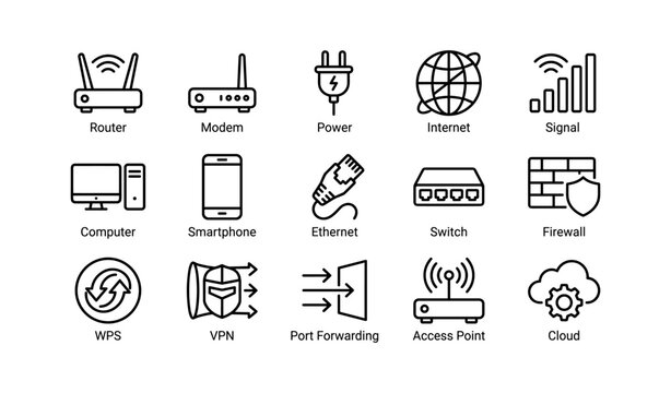 Essential network symbols collection: router, modem, power, internet, signal, and more