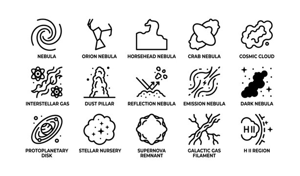 Icons of astronomical phenomena: nebulae, reflection, protoplanetary, supernova, cosmic gas
