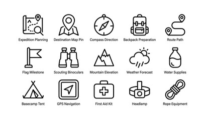 Fototapeta premium Outdoor adventure icons illustrating expedition planning and navigation