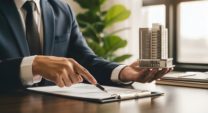Businessman in formal suit holds building model and points to contract document