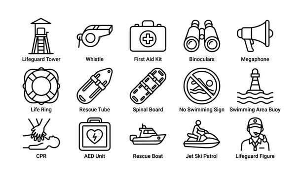 Essential lifeguard equipment icons set for safety and rescue operations