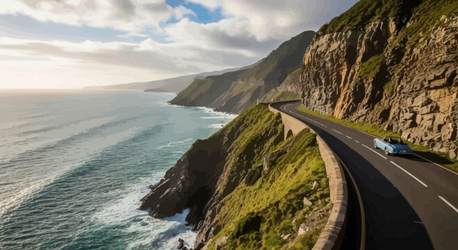 Classic Convertible Car Driving Along Scenic Pacific Coast Highway