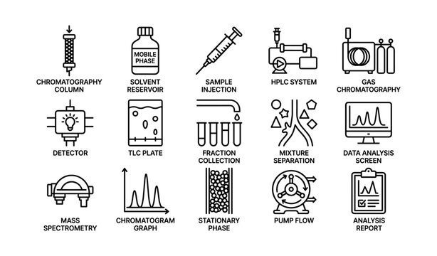 Chemical analysis equipment icons: chromatography, detector, hplc system