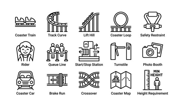 Amusement park icon set featuring coaster train, safety restraint, and photo booth designs