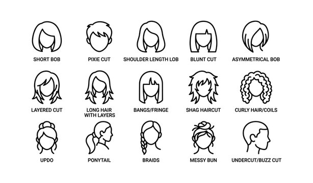 Variety of women's hairstyles: bob, pixie, lob, updo, braids, ponytail
