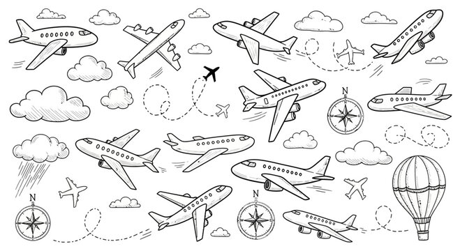 Hand Drawn Airplane and Travel Doodle Set