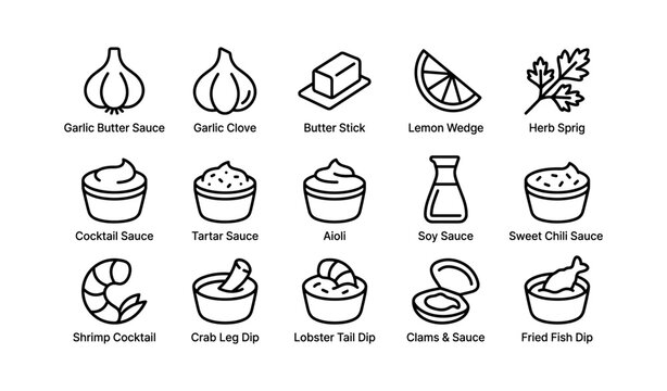 Assorted dipping sauces and ingredients illustrations black and white icons
