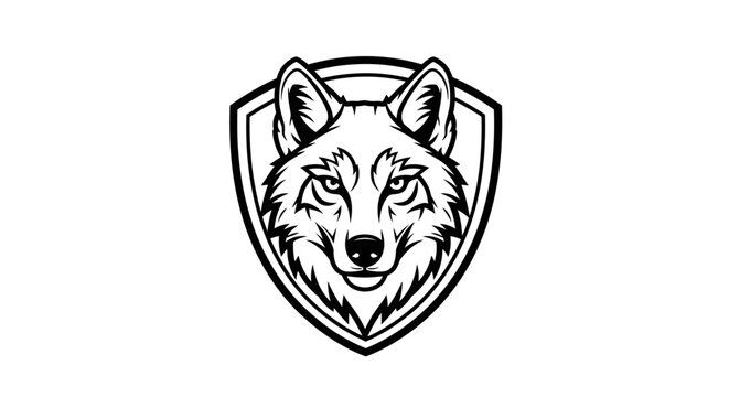 Monochromatic wolf head in shield illustration. Stylized vector emblem for mascot, sport team, or wilderness branding. Strong predatory animal design.