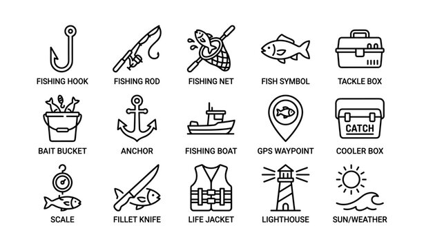 Fishing gear icons: hook, rod, net, symbol, box, bucket, anchor, boat, gps, cooler