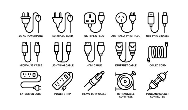 Various power plug and charging cable icons for global use