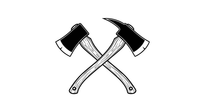 Crossed Firefighter Axes Vector Illustration. Vintage Hand-Drawn Woodcut Style Emblem for Rescue Services and Logging Work.