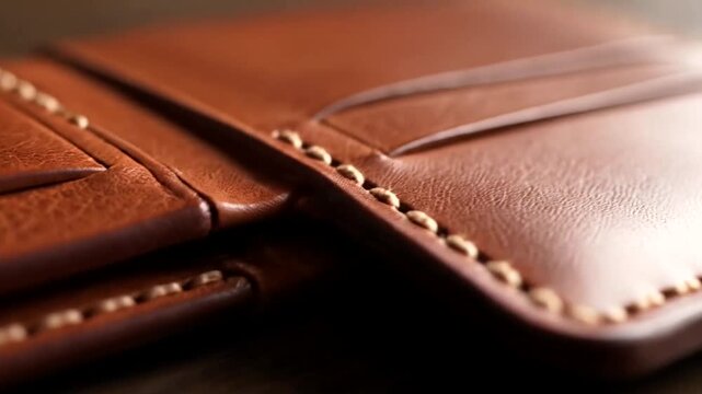 Close-up of a brown leather wallet with intricate stitching and textured surface, showcasing craftsmanship and detail.