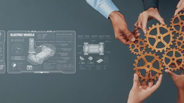 A dynamic workspace scene showcasing hands collaborating over gears, alongside digital diagrams of electric vehicle systems, emphasizing innovation and engineering. Raster