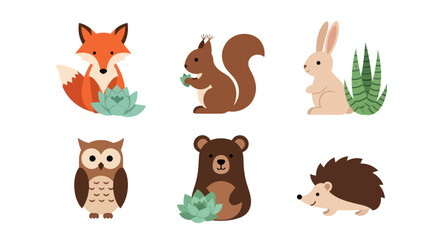 Fototapeta premium Cartoon forest animals with plants