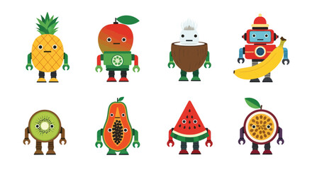Obraz premium Cartoon fruit robots on white background