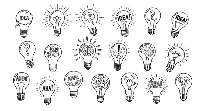 Set of Hand Drawn Light Bulb Icons for Creative Ideas and Innovation