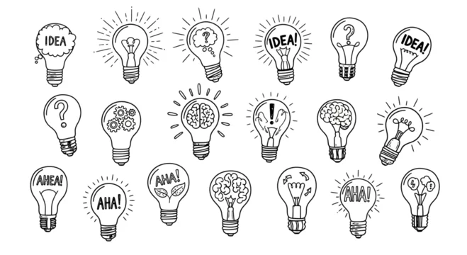 Set of Hand Drawn Light Bulb Icons for Creative Ideas and Innovation