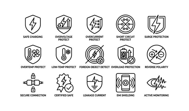 Electrical safety icons featuring overvoltage overcurrent short circuit protection