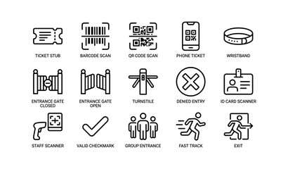 Fototapeta na wymiar Ticketing and access control icons: barcode, qr code, turnstile, id scanner