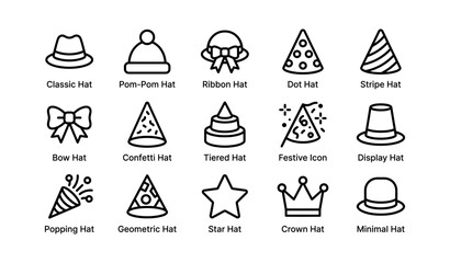 Collection of festive hats and icons including ribbon, star, and crown designs