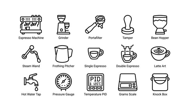 Essential coffee equipment icons for brewing and espresso enthusiasts