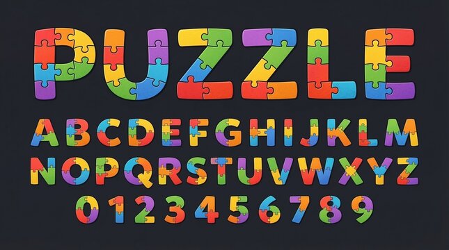 Puzzle font, colorful jigsaw puzzle alphabet letters and numbers