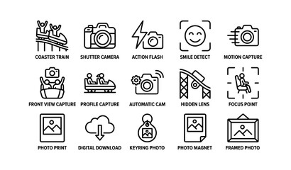 Amusement park icons: roller coaster, camera, flash, smile, print