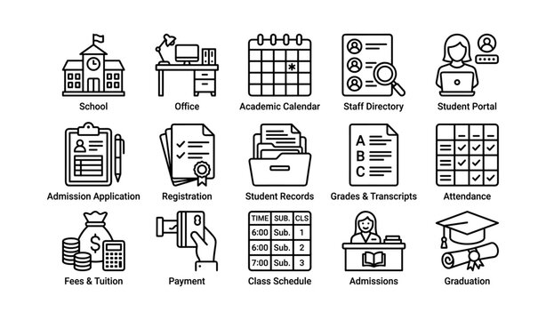Educational administration icons: school setup, records, admissions, graduation essentials