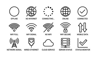 Internet connectivity and network status icons for technology applications
