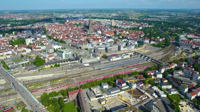 Aerial view beside the old town of the city Ulm and the M&uuml;nster cathedral on a sunny noon in spring in Germany, Baden-W&uuml;rttemberg.