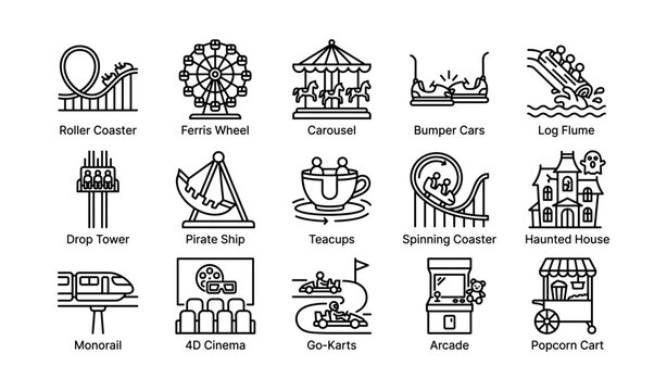 Amusement park ride icons: roller coaster, ferris wheel, carousel, bumper cars, log flume, and more