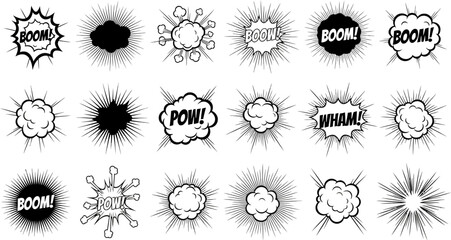 Collection of comic book style explosion and impact graphic elements with words like boom pow wham © Badhon