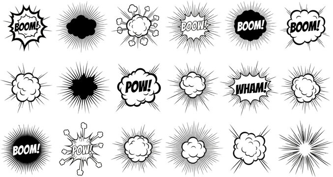 Collection of comic book style explosion and impact graphic elements with words like boom pow wham