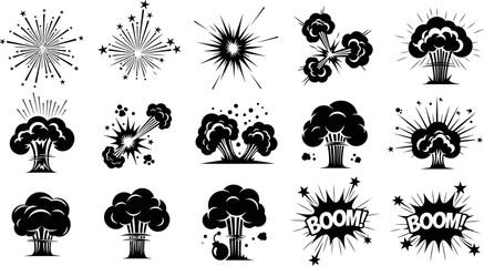 collection of black explosion and boom comic icons on white background © Badhon