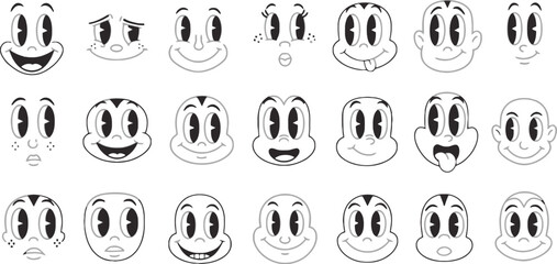 Fototapeta premium Collection of various cartoon faces with different emotions and expressions on white background