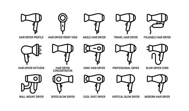 Various hair dryer icons: profiles, front views, travel, foldable, wall mount, modern styles